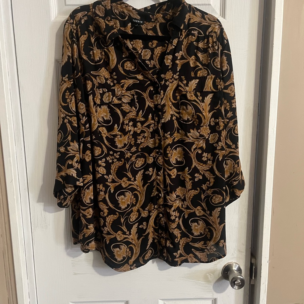Torrid Black and Gold Baroque Blouse